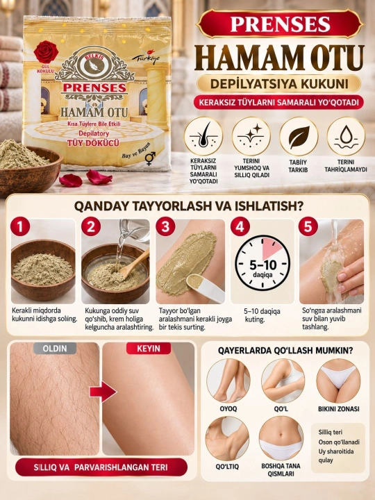 Prensess Hamam Otu Depilyatsiya kukuni, tanadagi keraksiz tuklar uchun