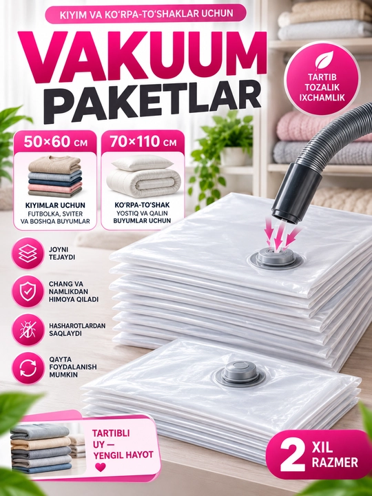 Buyumlar, kiyim-kechak va ko‘rpalarni saqlash uchun vakuumli paket, joyni tejaydi - 