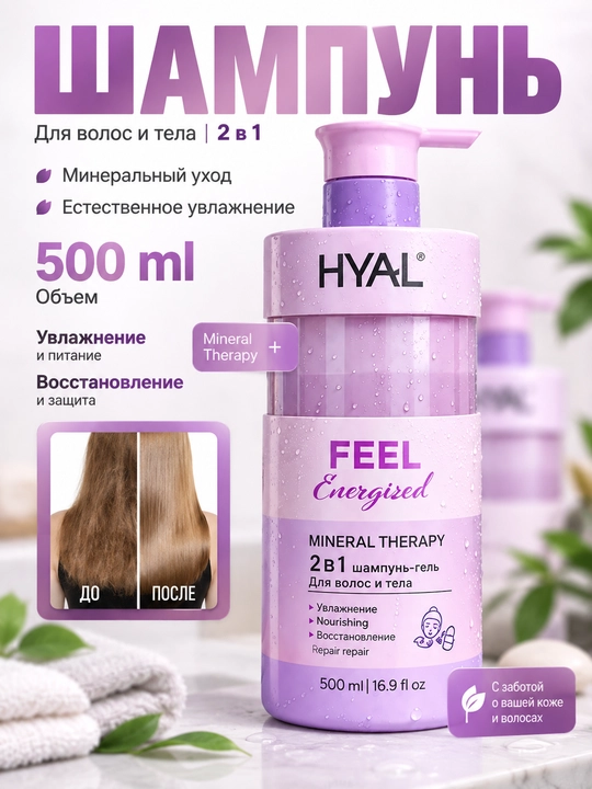 Шампунь-гель HYAL 2 в 1 для волос и тела, увлажняющий и питающий, 500 мл - 