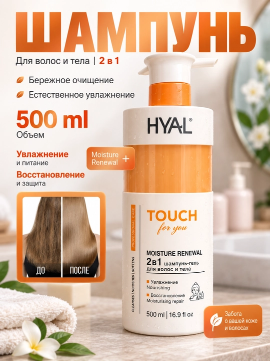 Шампунь-гель HYAL 2 в 1 для волос и тела, увлажняющий и питающий, 500 мл - 