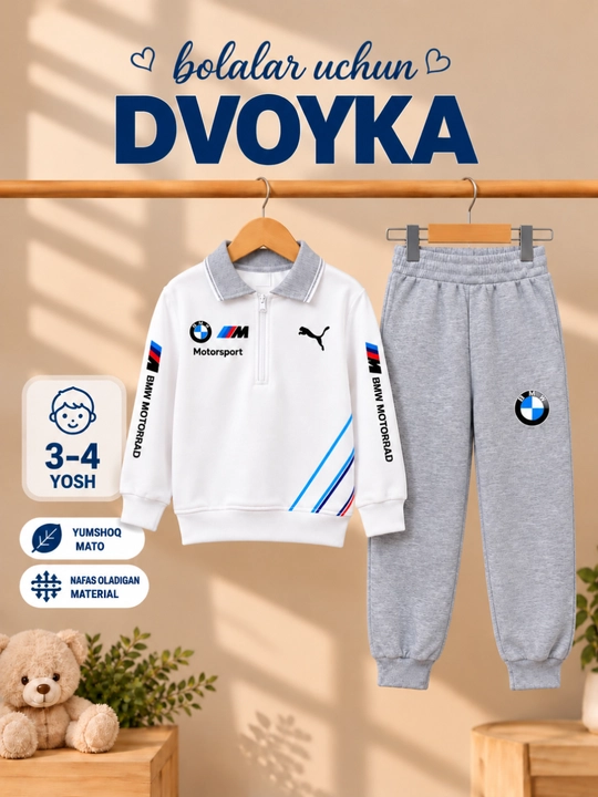 O‘g‘il bolalar uchun kuzgi komplekt-dvoyka, 3–4 yosh — yoqali svitshot va jogger shim