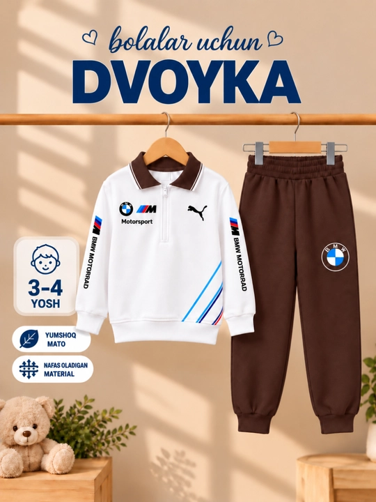 O‘g‘il bolalar uchun kuzgi komplekt-dvoyka, 3–4 yosh — yoqali svitshot va jogger shim
