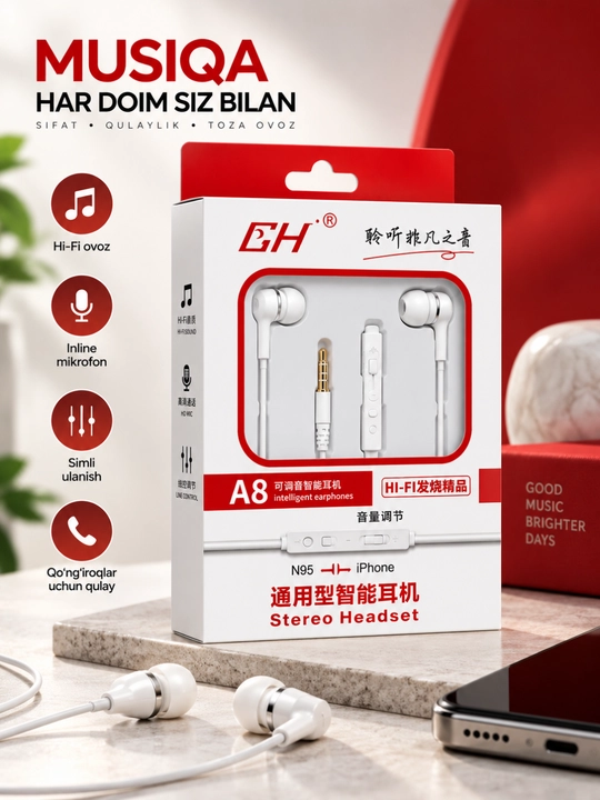 A8 stereo simli naushnik mikrofonli 3. 5 mm quloqchin android va iphone qurilmalari uchun - 