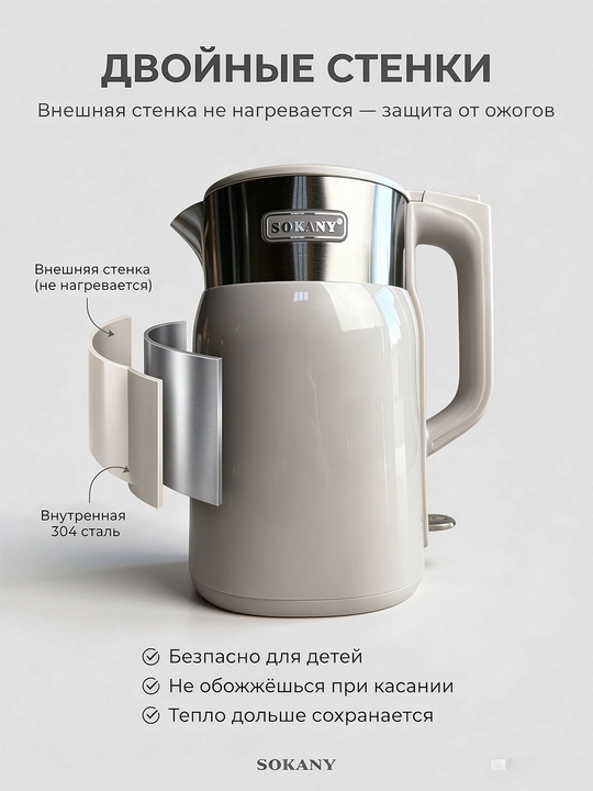 Elektr choynak SOKANY SK-09106 ikki devorli 1,7L 1500W po'lat 304, kuyishdan himoya