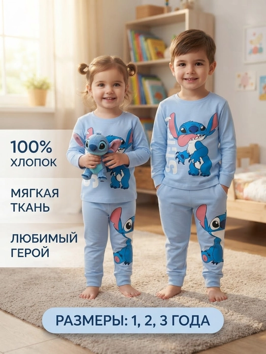 O'g'il bolalar uchun paxtali Stitch printli bolalar pijamasi - 