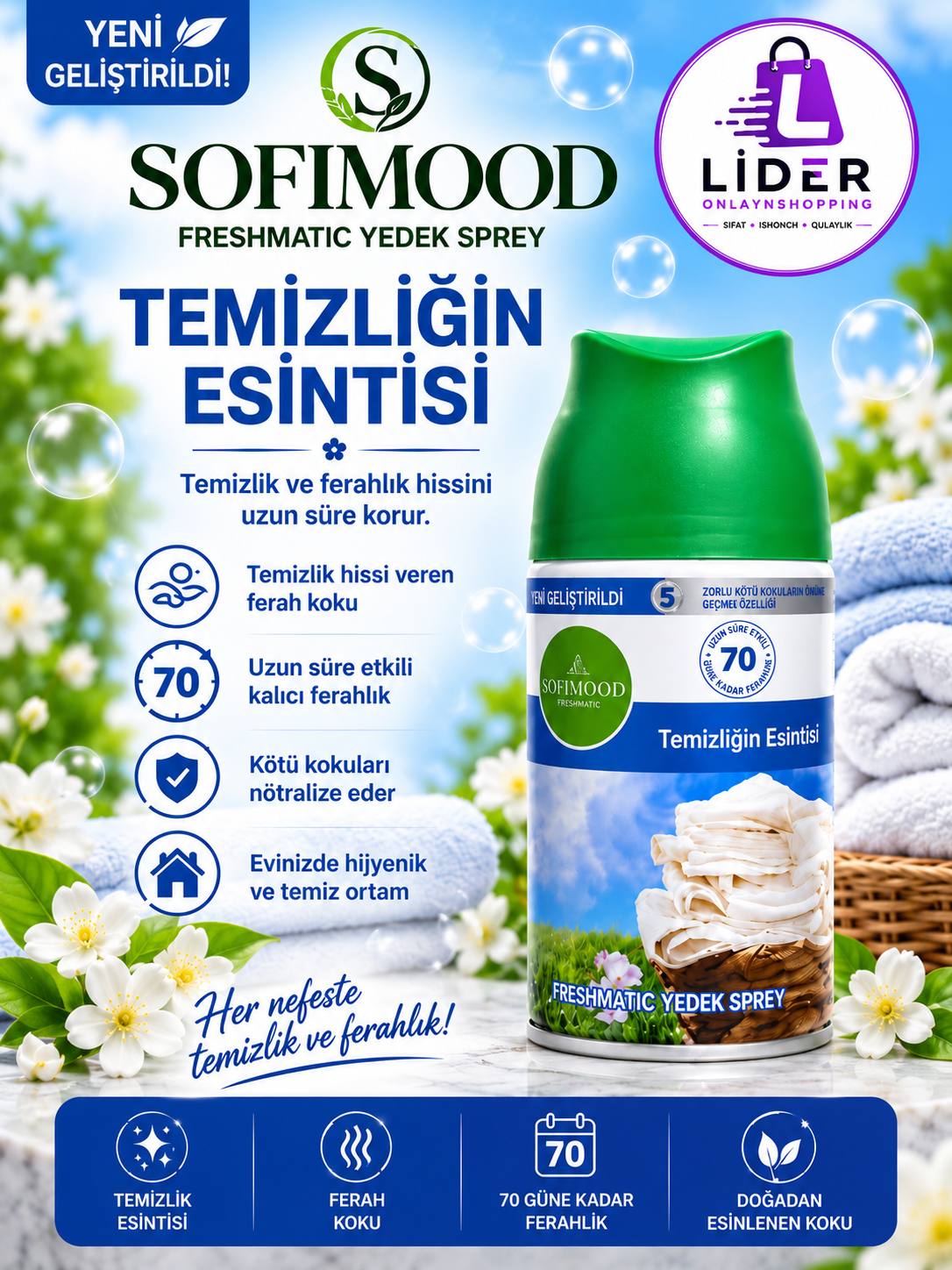 Lavanda, bahorgi gullar, tozalik ifori, yoqimli hid, 70 kungacha yangilanish