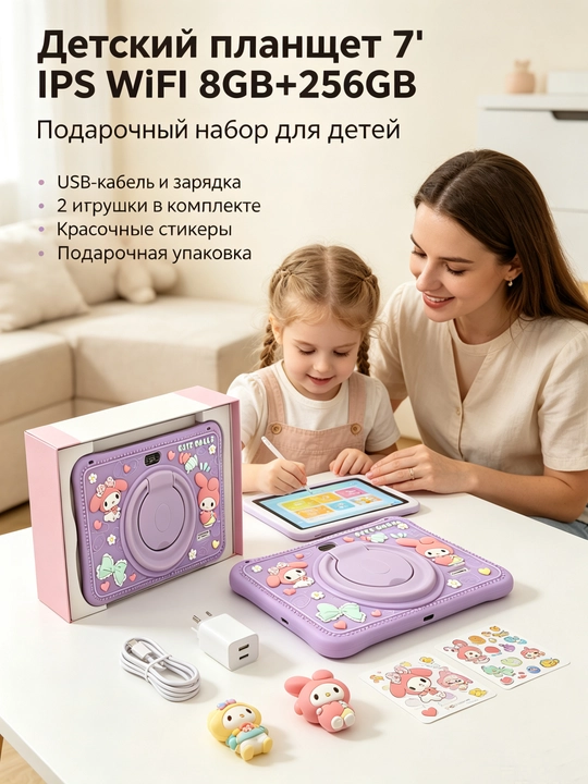 Детский планшет 7", 8GB+256GB, Android, силиконовый чехол, обучение-развлечения планшет