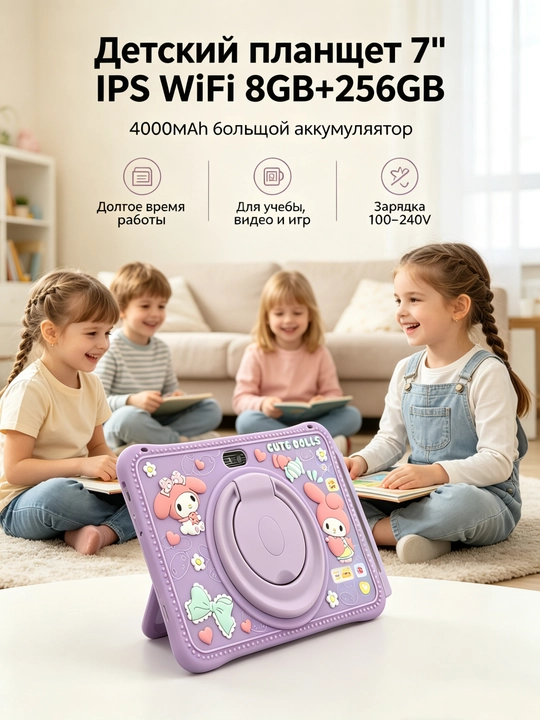 Детский планшет 7", 8GB+256GB, Android, силиконовый чехол, обучение-развлечения