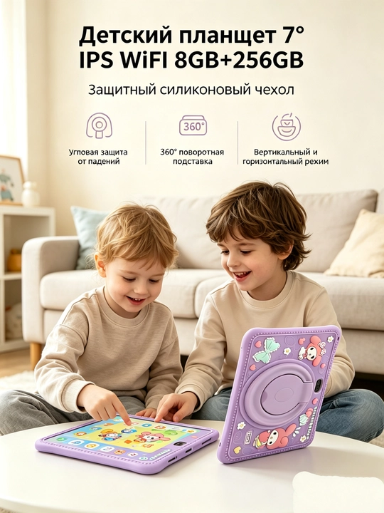 Детский планшет 7", 8GB+256GB, Android, силиконовый чехол, обучение-развлечения