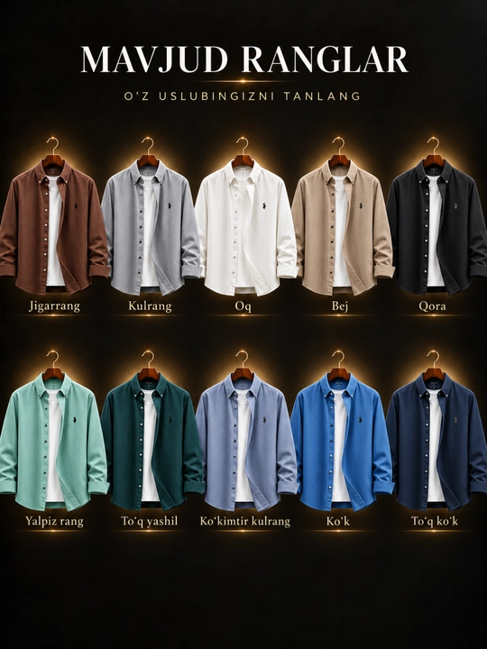 Erkaklar uchun klassik uzun yengli kundalik ko‘ylak, 9 xil rangda, M-XXL