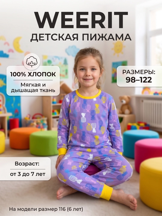 Пижама детская хлопковая WEERIT с принтом комплект одежды для сна - 