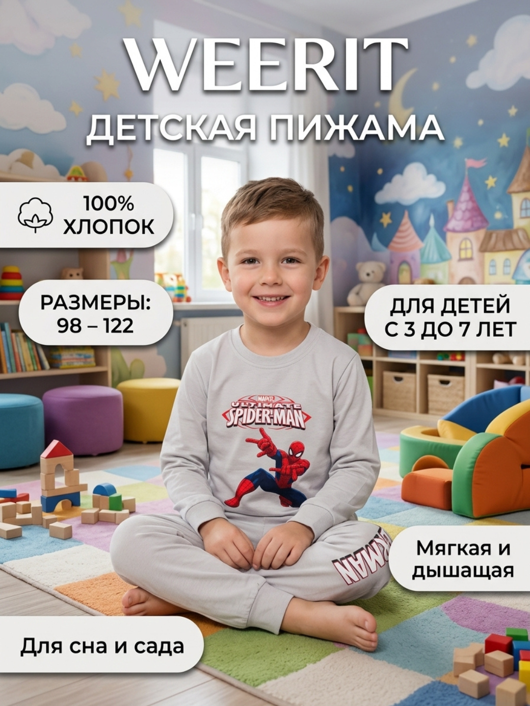 Пижама детская хлопковая WEERIT с принтом комплект одежды для сна - 