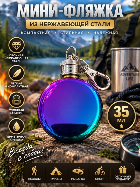 Мини-фляжка 35 мл из нержавеющей стали с карабином, карманная фляга для туризма и походов - 