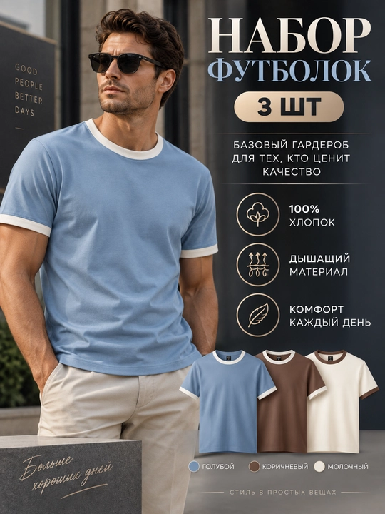 Набор мужских футболок HABRO, 3 шт, контрастная окантовка - 