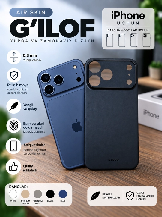 IPhone uchun Air Skin yupqa g‘ilofi KZDOO — 0.3 mm, minimalistik himoya