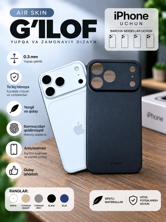 IPhone uchun Air Skin yupqa g‘ilofi KZDOO — 0.3 mm, minimalistik himoya
