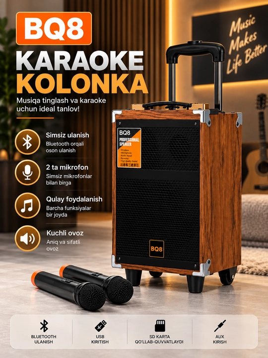 Караоке-колонка BAAB B-Q8  ВQ12 с 2 беспроводными микрофонами