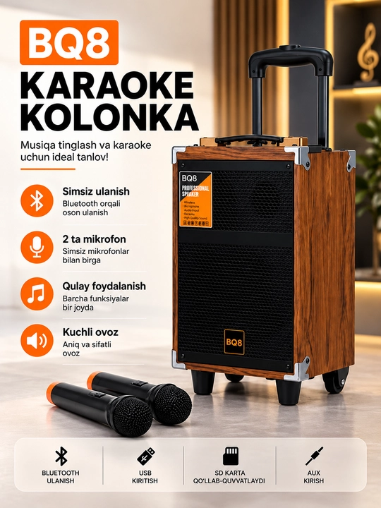 Karaoke kolonkasi BAAB B-Q8  BQ12, 2 ta simsiz mikrofon bilan - 