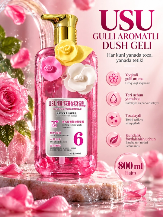 USU atirgul iforli dush geli, 800 ml - har kunlik yumshoq parvarish - 