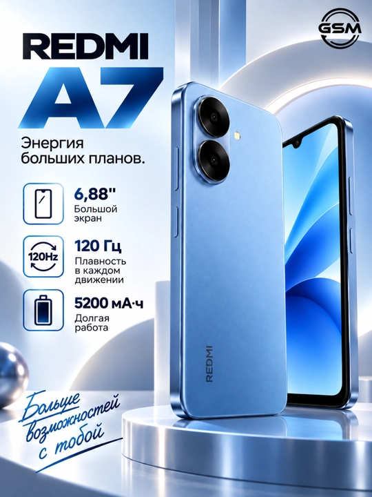 Смартфон Redmi A7 3GB/64GB, 6.88" 120 Гц экран, 5200 мАч аккумулятор - 