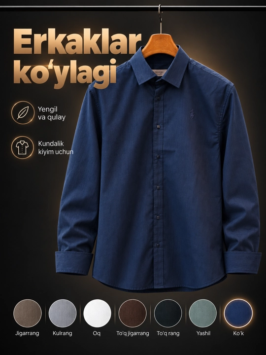 Erkaklar uchun klassik uzun yengli kundalik ko‘ylak, 9 xil rangda, M-XXL