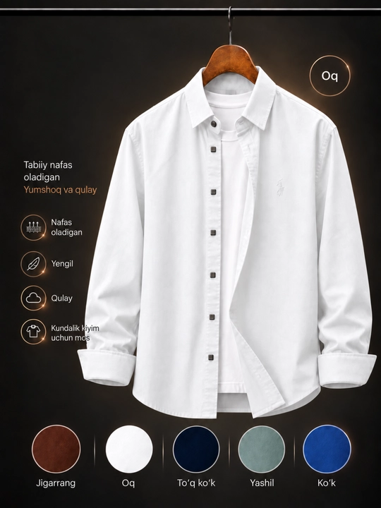 Erkaklar uchun klassik uzun yengli kundalik ko‘ylak, 9 xil rangda, M-XXL