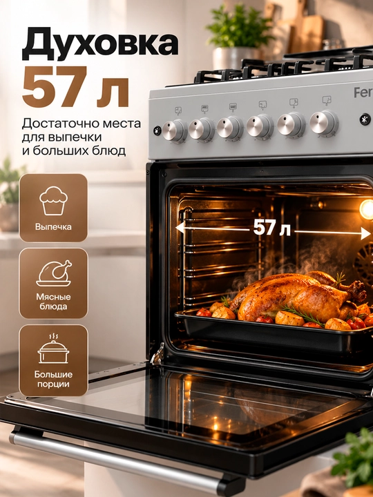 FERRE BT60G plitasi, 4 konforka, gaz/kombinatsiyalangan, elektr yoqish, 60 sm