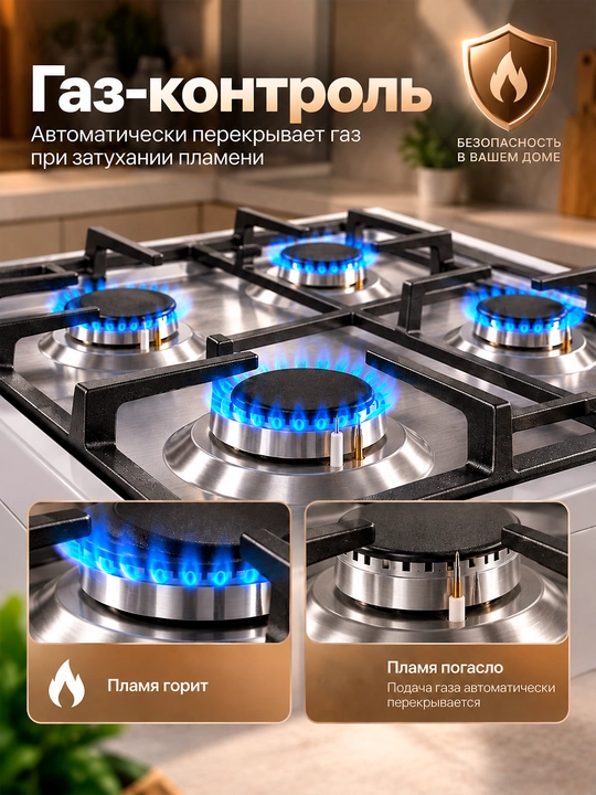 Газовая плита FERRE BT60G, 4 конфорки, газовая/комбинированная, электроподжиг, 60 см