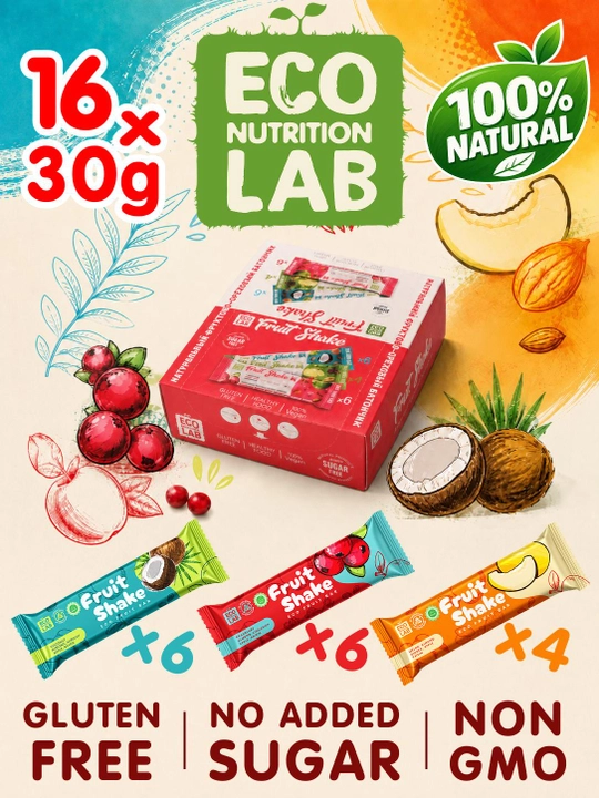 Фруктово-ореховые батончики Fruit Shake Ассорти, клюква/дыня/кокос, 16 штx30 г - 