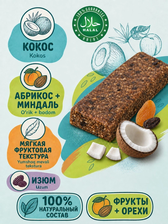 Mevali-yong'oqli batonchiklar Fruit Shake Assorti klyukva/qovun/kokos, 16 donax30 g