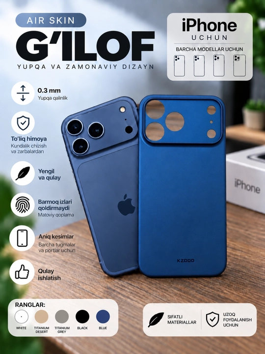IPhone uchun Air Skin yupqa g‘ilofi KZDOO — 0.3 mm, minimalistik himoya