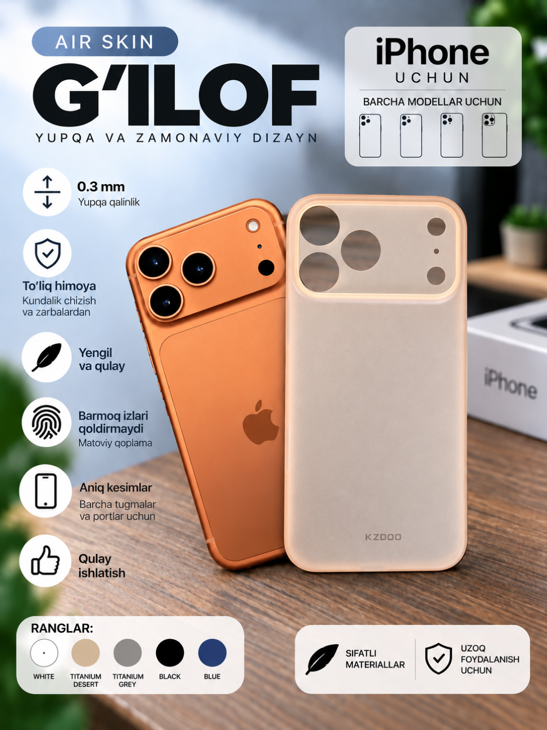 IPhone uchun Air Skin yupqa g‘ilofi KZDOO — 0.3 mm, minimalistik himoya