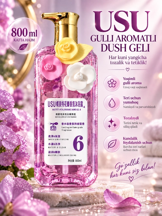 USU atirgul iforli dush geli, 800 ml - har kunlik yumshoq parvarish - 