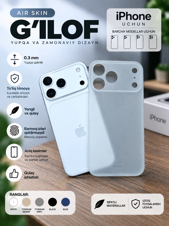 IPhone uchun Air Skin yupqa g‘ilofi KZDOO — 0.3 mm, minimalistik himoya