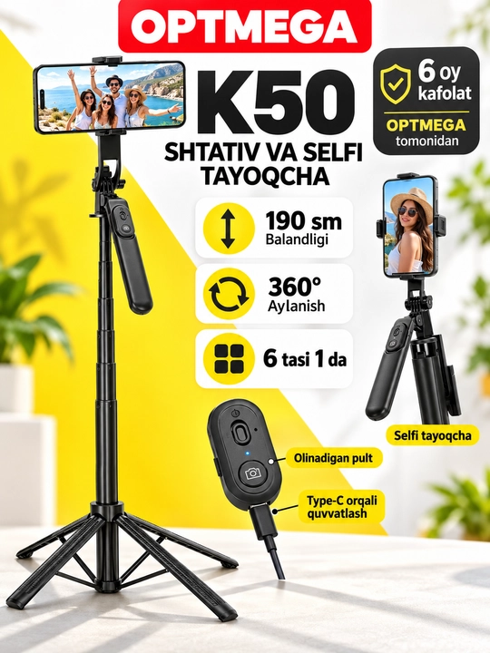 Shtativ 6 tasi 1 da, shtativ telefon 220 sm, 2 -LED chiroq, Bluetooth, selfi tayoqchasi - 