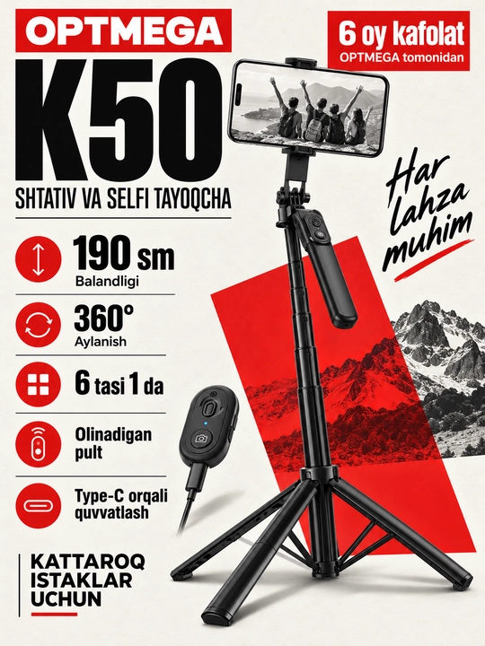 6 B 1 shtativ, telefon uchun monopod + 2 LED, Bluetooth, telefon uchun 220 sm shtativ, selfi - 