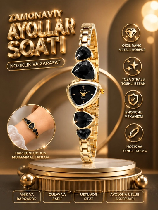 Ayollar qo‘l soati dekorativ toshli, metall brasletli, nafis dizayn - 
