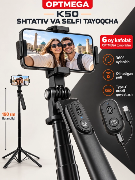 Shtativ 6 tasi 1 da, shtativ telefon 220 sm, 2 -LED chiroq, Bluetooth, selfi tayoqchasi - 