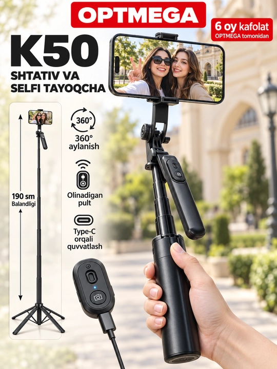 Shtativ 6 tasi 1 da, shtativ telefon 220 sm, 2 -LED chiroq, Bluetooth, selfi tayoqchasi - 