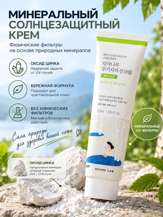 Yuz uchun mineral quyoshdan himoya kremi Round Lab Birch Juice Mild-Up SPF50+ PA++++,50 m