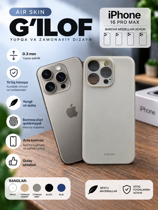 IPhone uchun Air Skin yupqa g‘ilofi KZDOO — 0.3 mm, minimalistik himoya