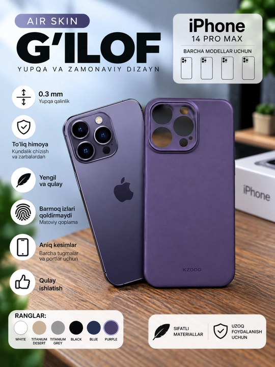 IPhone uchun Air Skin yupqa g‘ilofi KZDOO — 0.3 mm, minimalistik himoya