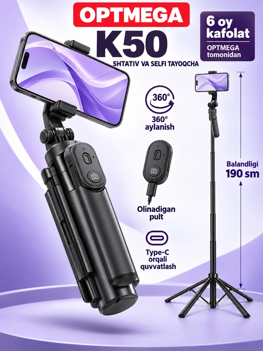 6 B 1 shtativ, telefon uchun monopod + 2 LED, Bluetooth, telefon uchun 220 sm shtativ, selfi - 