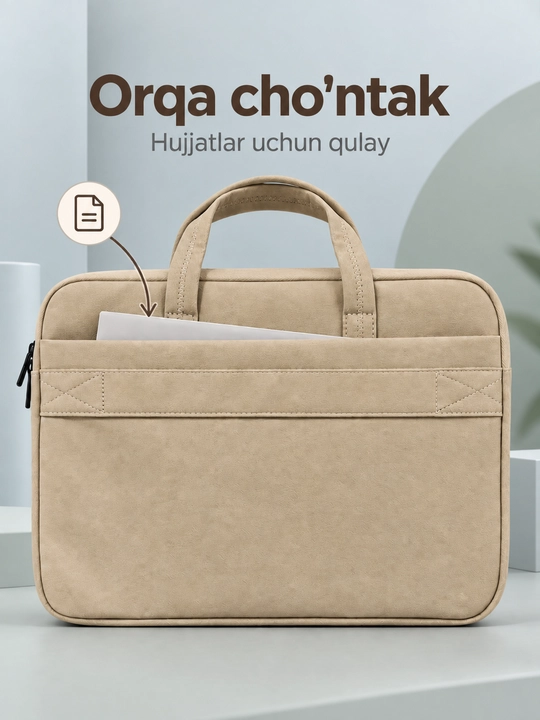 Zamonaviy zamshli noutbuk sumkasi — yumshoq himoya va keng cho'ntaklar
