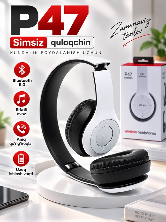 Simsiz quloqchinlar P47, Bluetooth 5.0, yig'iluvchan, mikrofon bilan, shovqinsiz