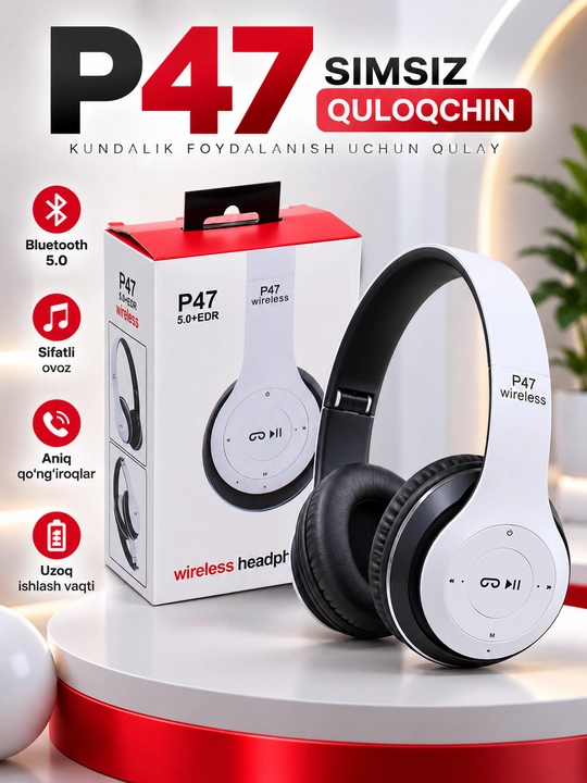 Simsiz quloqchinlar P47, Bluetooth 5.0, yig'iluvchan, mikrofon bilan, shovqinsiz