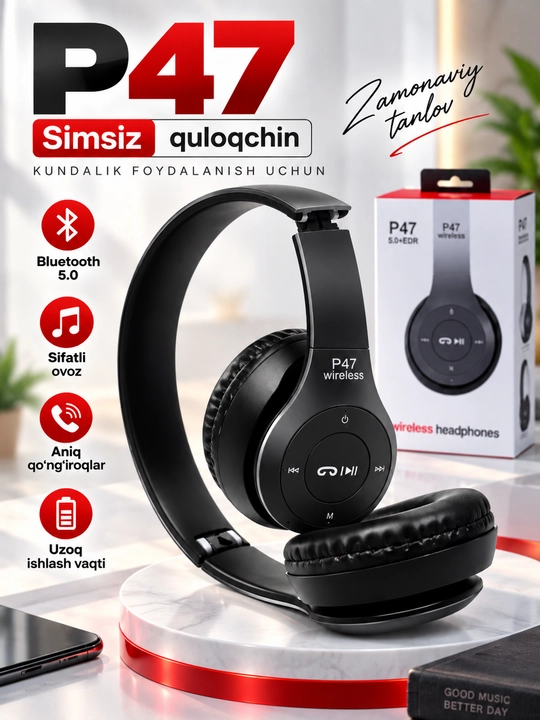 Simsiz quloqchinlar P47, Bluetooth 5.0, yig'iluvchan, mikrofon bilan, shovqinsiz