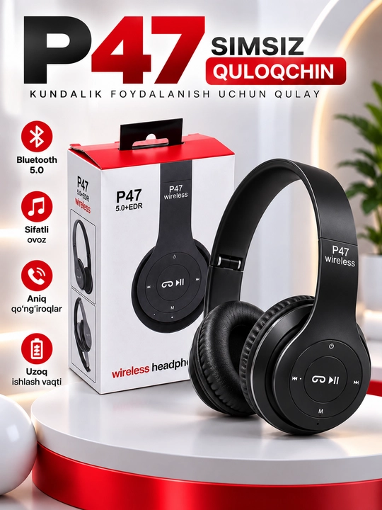 Simsiz quloqchinlar P47, Bluetooth 5.0, yig'iluvchan, mikrofon bilan, shovqinsiz