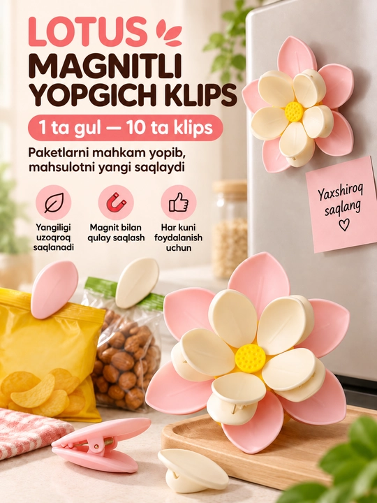 Magnitli paket klipslari, gul shaklli qisqich, oziq-ovqat saqlash uchun, 10 dona - 