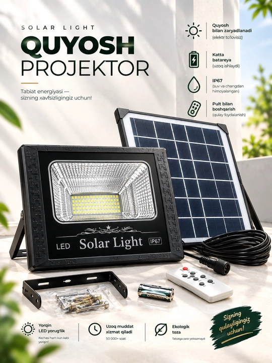 Quyosh panelli LED projektor — zamonaviy va tejamkor yoritish - 